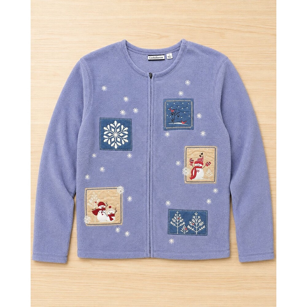 Croft & Barrow Womens S Lavender Fleece Snowman Christmas Zip Jacket Holiday